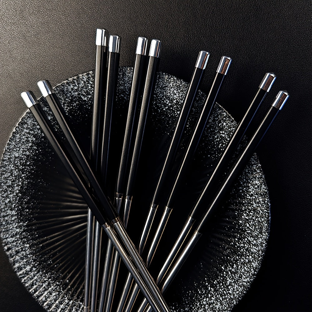 5 Pairs Stainless Steel Head Easy Anti-Slip Chopsticks | Alloy Premium Splicing silvery