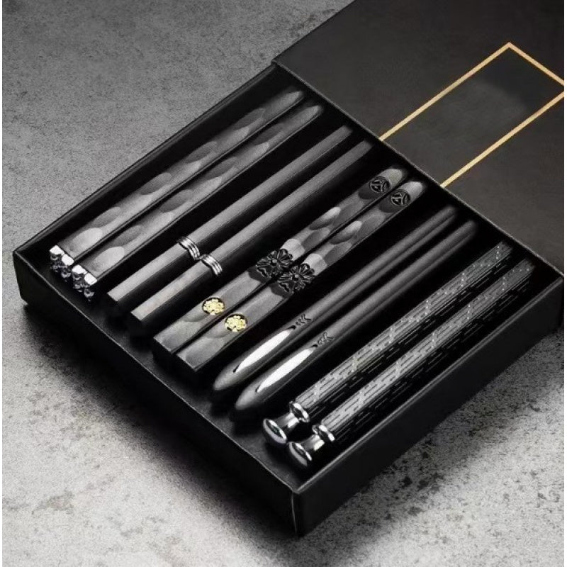5 Pairs Premium Alloy Fiberglass Chopstick Set, Made of PET Silvery Ion Anti-slip and Reusable Material