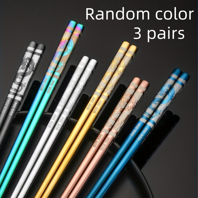 3 Pairs New Year Dragon Chopsticks Metal Reusable Stainless Steel 304 Non-Slip