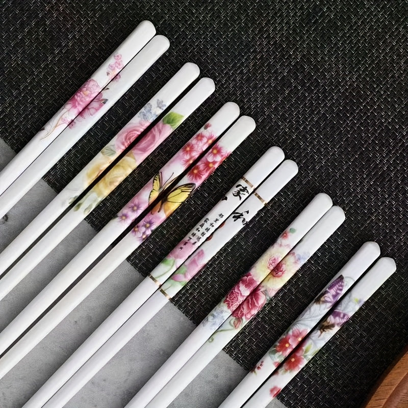 Ceramic Chopsticks Reusable Dishwasher Safe 5 Pairs Porcelain Chopsticks, 9.7-Inch (Red Peony)