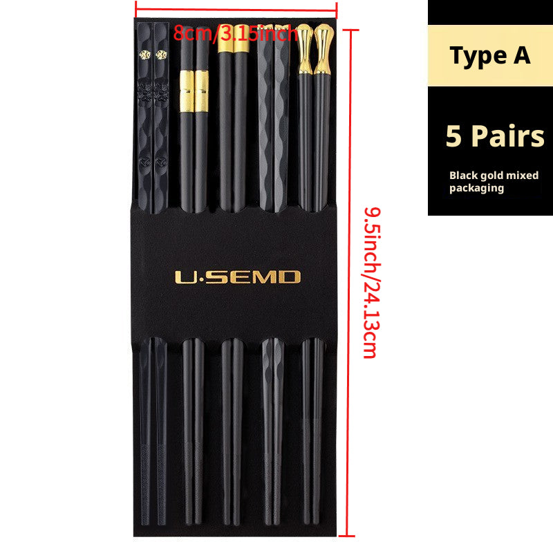 5 Pairs Premium Alloy Fiberglass Chopstick Set, Made of PET Silvery Ion Anti-slip and Reusable Material