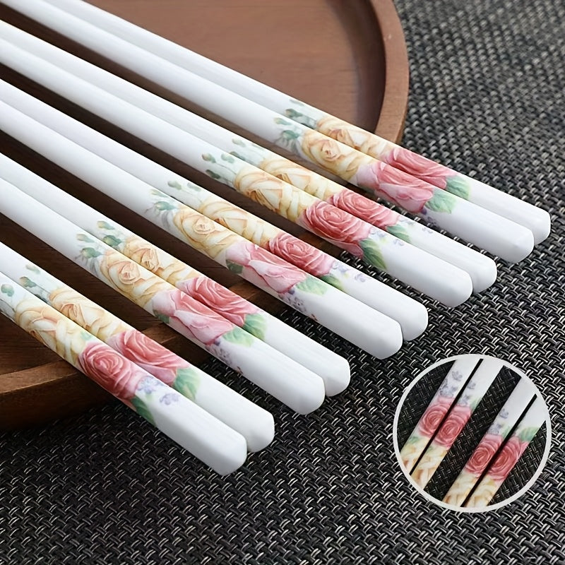 Ceramic Chopsticks Reusable Dishwasher Safe 5 Pairs Porcelain Chopsticks, 9.7-Inch (Red Peony)
