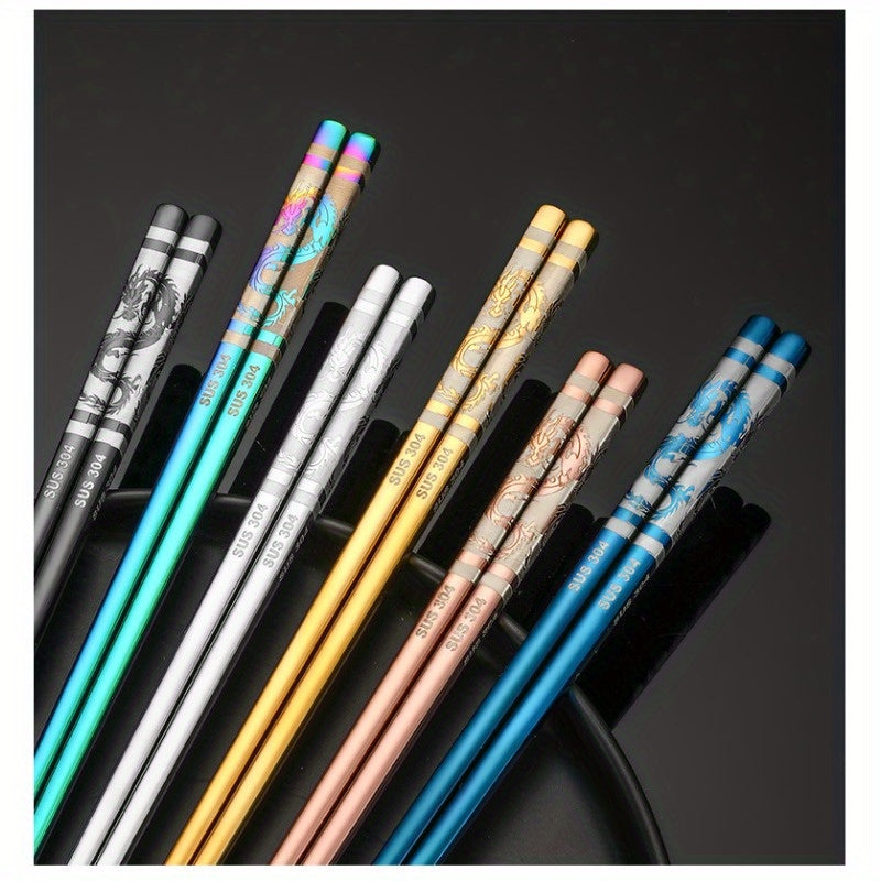 3 Pairs New Year Dragon Chopsticks Metal Reusable Stainless Steel 304 Non-Slip
