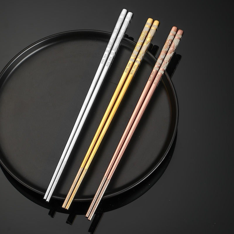 3 Pairs New Year Dragon Chopsticks Metal Reusable Stainless Steel 304 Non-Slip