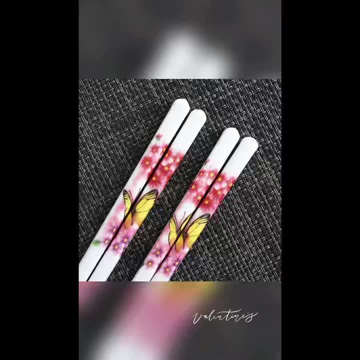 Ceramic Chopsticks Reusable Dishwasher Safe 5 Pairs Porcelain Chopsticks, 9.7-Inch (Red Peony)